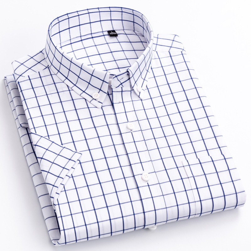 남성 스탠다드 핏 반팔 체크 무늬 셔츠, 패치 가슴 포켓, 여름 캐주얼 얇고 부드러운 순면 버튼 다운 셔츠
